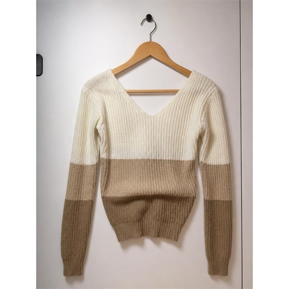Poof Sweater Women's Medium Beige Cropped Open Back Knit Pullover Crew Size S
